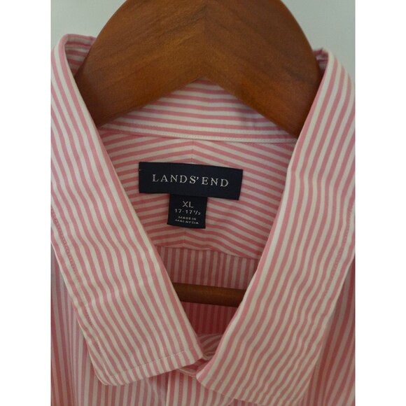 #65 Lands End white Pink Stripes Button Down Men's XL 17-17.5 100% Cotton - Picture 2 of 3